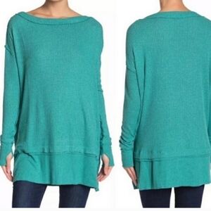 Free People Turquoise Long Sleeve Waffle Knit Top